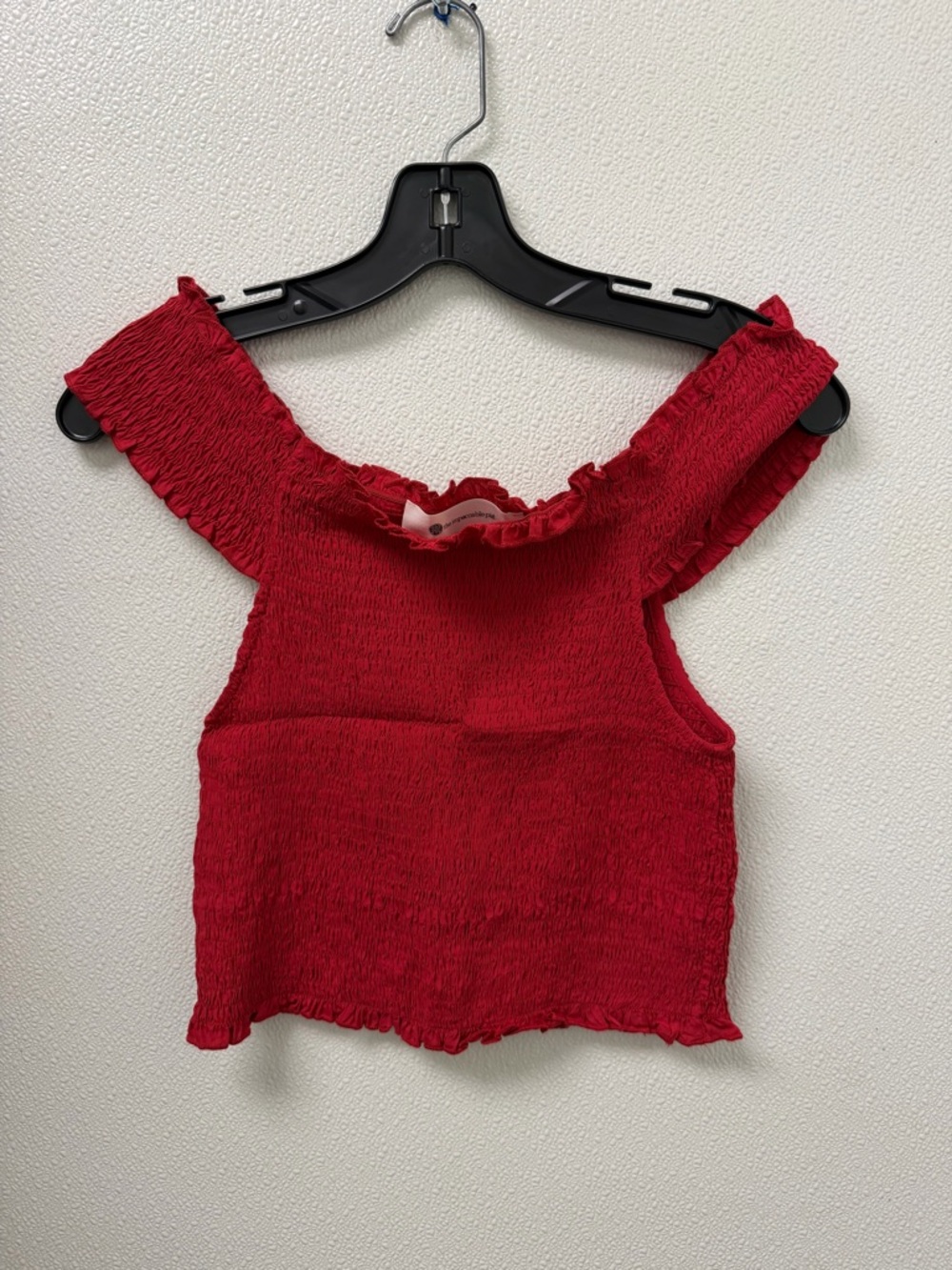 The Impeccable Pig Red Smocked Off-Shoulder Crop Top